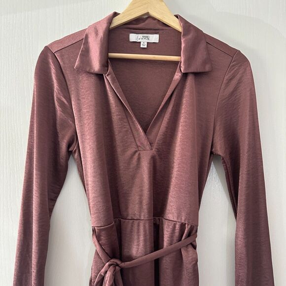 Louna Revolve Satin Mauve Brown Jersey Shirt Ruched Collared Mini Dress‎ Small - Picture 3 of 9